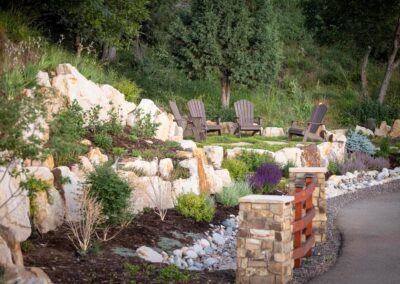 serene rock garden with seating area