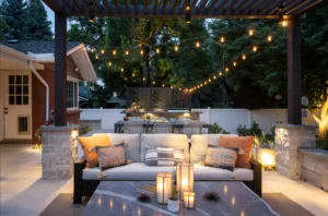 Pergola-covered outdoor living space in Denver with patio seating, landscape lighting, and an outdoor kitchen