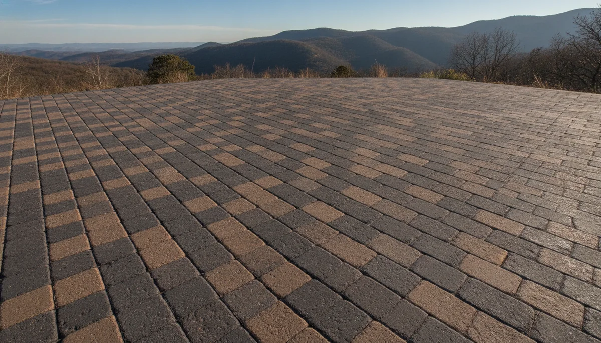 Paver, Concrete, or Natural Stone: Which Patio Material Is Best for Colorado? Colorful interlocking pavers installed in backyard patio pattern with mountain foothills in background
