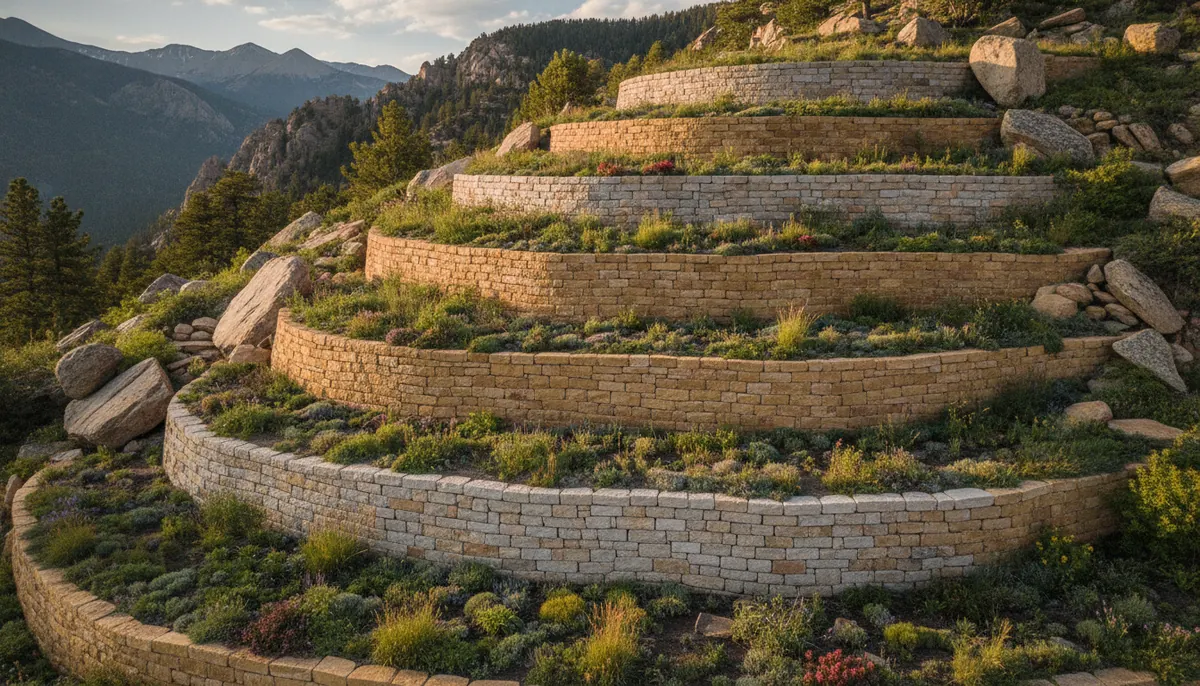 Retaining Wall Ideas for Sloped Colorado Yards Terraced retaining wall on Colorado hillside with curved stone design and landscaping