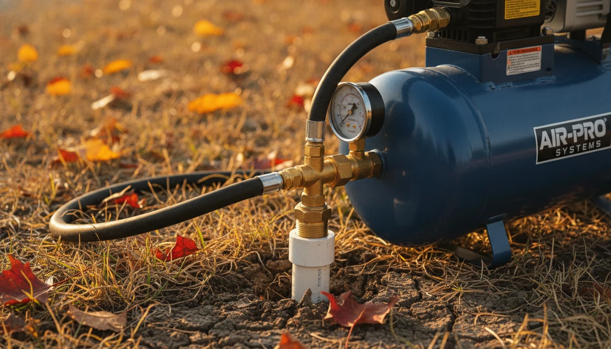 Sprinkler Blowout 101: How to Winterize Your Denver Irrigation System Before the First Freeze Compressed air compressor connected to irrigation system blowout valve for winter preparation